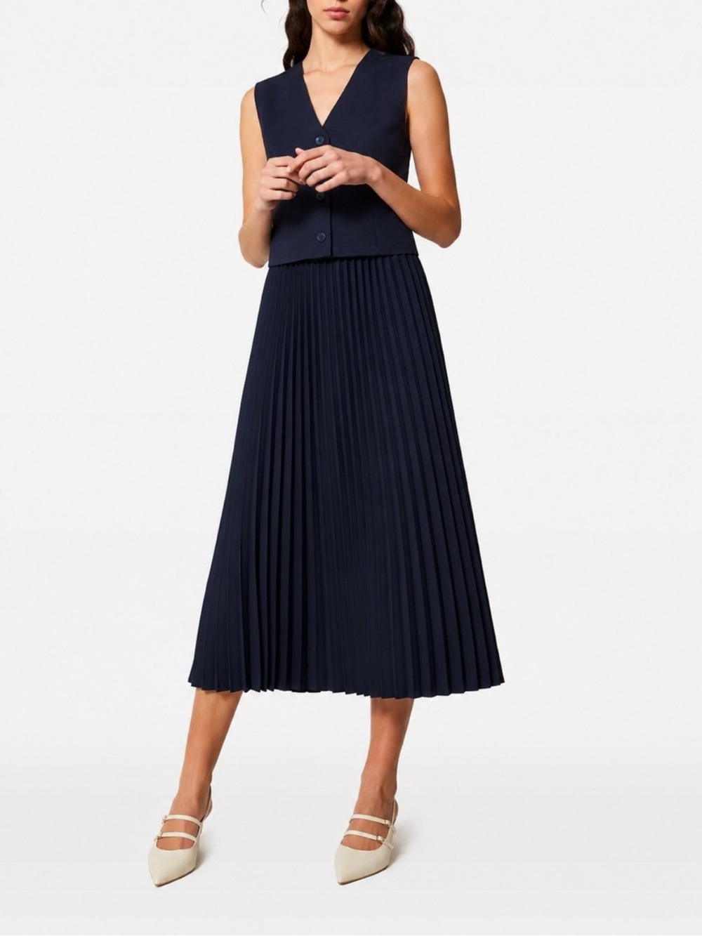 NWT Caroline Constas Navy Pleated Vest Bodice Maxi Dress Size Small